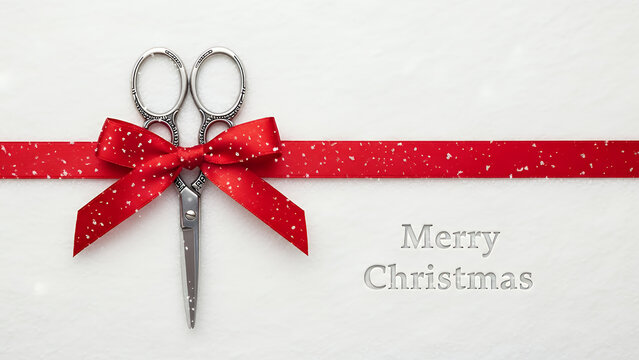 Christmas scissors with red ribbon and festive greeting on white background  
