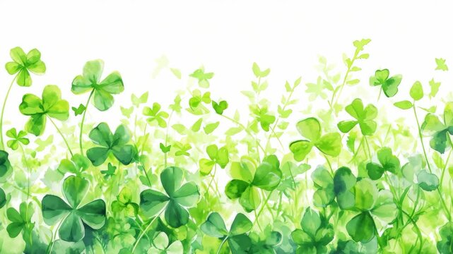 A lush green field with a variety of clovers scattered throughout. The clovers are small and green, with some of them being closer to the foreground and others further back in the field