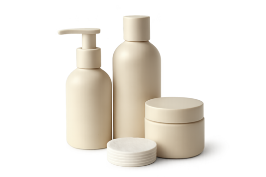 Beige cosmetic containers including pump bottle, tall bottle, and round jar