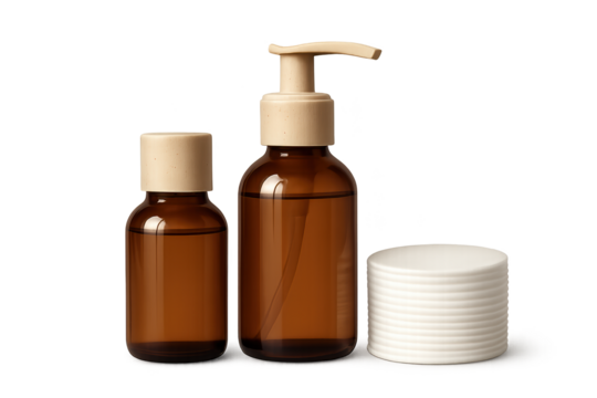 Brown glass cosmetic bottles with pump and stack of white lids