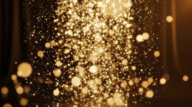 Abstract golden sparkling glitter particles falling down with bokeh effect on dark brown curtain background for celebration
