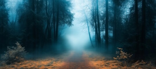 Naklejka premium Mystical Forest Path Draped in Dreamy Fog, Nature s Serenity Awaits with Whispers of Discovery