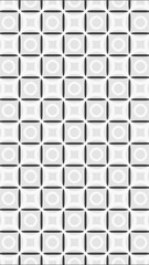 Seamless geometric pattern on black with large, intricate white circular designs overlaying a grid of nested squares. A bold, ornate style. Ideal for luxury wallpaper, fabric, or high-end packaging.