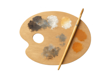 Wooden artist palette with mixed paints and brush