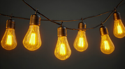 Warm glowing vintage style filament bulbs hanging in a decorative string light arrangement creating cozy ambient lighting against a dark background indoors
