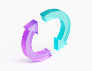 Matte glass 3D Refresh icon in purple and cyan form a circular exchange with a translucent matte‑glass finish icon on a light background, symbolizing sync, cycle, and data flow.