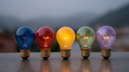 Five colorful light bulbs lined up horizontally symbolizing ideas and creativity at dawn