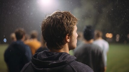 A young man in a hooded sweatshirt looks out into the rain at night with a blurred group of people behind him