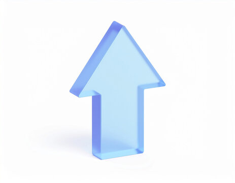 Isometric matte-glass 3D blue arrow pointing upward, translucent glossy finish with soft shadow and reflection &mdash; symbol of growth, progress, direction, and positive trend.