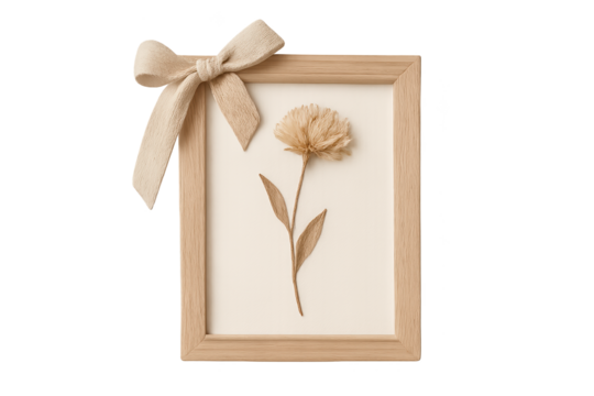 Wooden picture frame with dried flower pressed inside and fabric bow