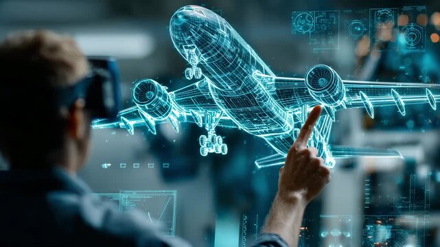 A man in vr headset uses augmented reality to interact with a digital representation of an aircraft, showcasing aviation technology and innovation - Powered by Adobe