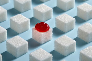 White sugar cubes arranged in a grid with one cube topped with a dollop of red jelly symbolizing contrast and uniqueness on a soft blue background