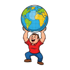 Cartoon man holding up the earth isolated on transparent background