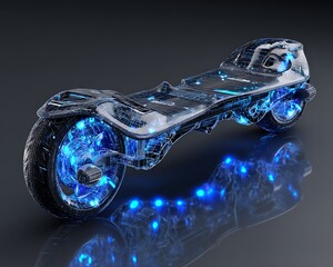 Hoverboard x-ray mockup with wireframe rendering and data HUD overlay