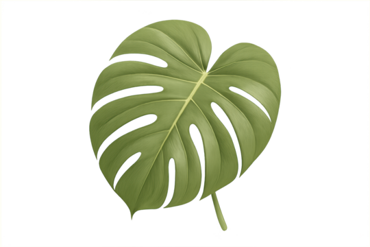 Single large green monstera leaf with split lobes on transparent background