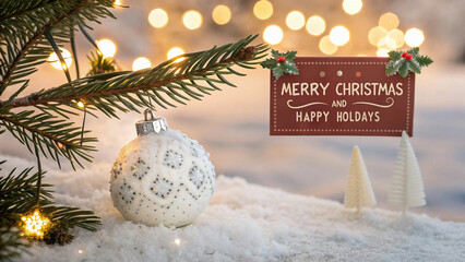 Christmas white decoration ball and spruce tree close up, bokeh lights background. Merry Christmas and Happy Holidays greeting card, frame, banner. New Year. Noel. Winter festive xmas