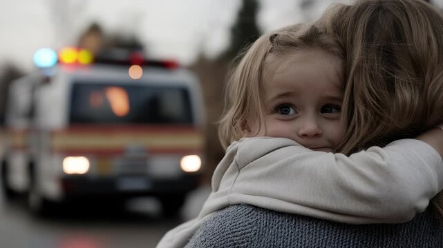The video shows a small child being held by a parent after a probable crash. An emergency vehicle with flashing lights is pulling up to the location. The scene is emotional