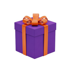 Purple gift box with orange ribbon isolated on transparent background