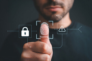 Man uses fingerprint scan for security access showcasing biometric technology data protection and identity verification with a modern digital interface and cybersecurity measures