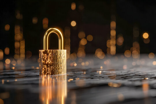 A glowing golden padlock with binary code engraved stands on a reflective circuit board symbolizing advanced cybersecurity in a dark abstract digital environment