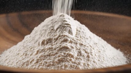 Captivating Slow Motion Flour Cascading into a Rustic Wooden Bowl Showcasing Culinary Artistry and Baking Preparation in a Warm Inviting Kitchen Setting Perfect for Food Blogs and Recipe Videos.