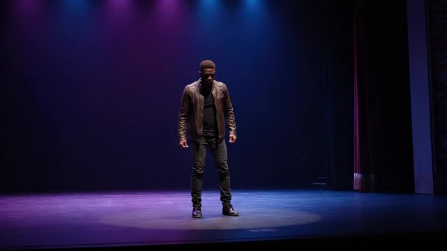 Actor performs monologue on stage. Man standing alone under spotlight. Performance in theater with dramatic pose. Solo actor spotlighted center stage. Stage spotlight creates dramatic visual contrast.