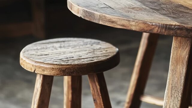 Video A simple setup featuring a wooden stool and table, perfect for rustic or minimalist settings