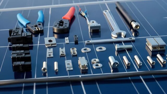 Closeup of solar panel components and tools arranged on a blue solar panel surface for installation
