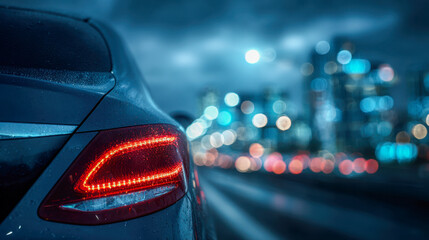 Rear view of a sleek vehicle with glowing red tail light against the blurred night cityscape illuminated by colorful urban lights and reflections on wet pavement