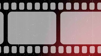 Old film strip with scratches, borders, and flickers in vintage style old film frame visual moving sprocket hole light flares along edge mimicking vintage video reel 4k video