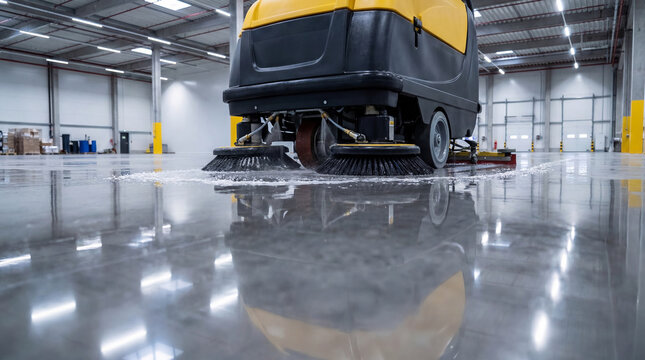 Low angle view of industrial floor scrubber washing shiny floor in large warehouse
