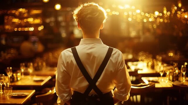 A waiter walks in a restaurant filled with glowing lights, ready to serve diners as the sun sets outside