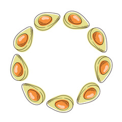 Cut in half avocado wreath in flat style. Design for vegan theme textile package.