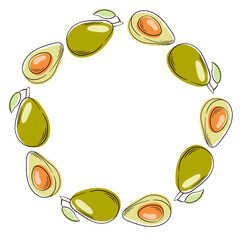 Whole and cut in half avocado wreath in flat style. Design for vegan textile package and grocery store.