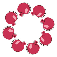 Pomegranate fruit wreath in flat style. Design for vegan card isolated on white background.