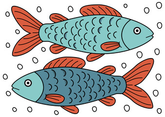 Two sardines fish swimming in water with bubbles. Underwater animal life illustration. Simple aquatic fauna drawing for children book.