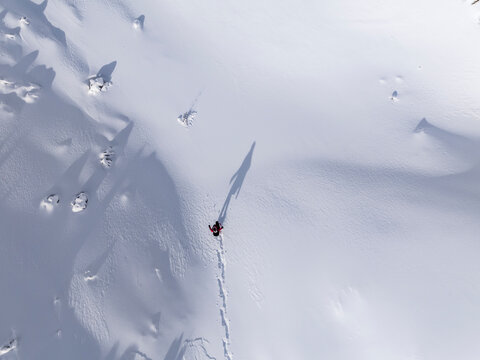 Aerial view of a person hiking in snow, casting a long shadow. Paganella, Roda refuge,Trentino, Italy