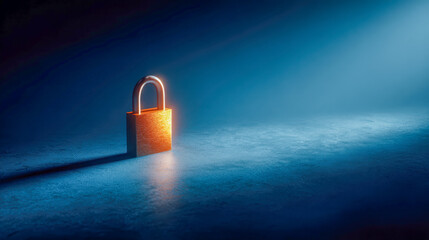 Metal padlock glowing with warm light on textured dark surface symbolizing security and protection in digital or physical environments with contrasting shadows and h