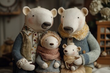 Whimsical Handmade Polar Bear Family Dolls Wearing Vintage Winter Clothes | Cute Rustic Animal Figurines for Holiday, Parenting, and Family Concepts