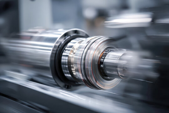High-speed metal machining process on precision lathe showing spinning industrial component with blurred motion background in manufacturing facility