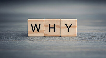 Wooden blocks spelling "why" on a textured gray surface evoking questions curiosity and the search for answers in business education and personal development contexts asking why now