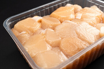 Fresh Scallops in Plastic Tray Top View