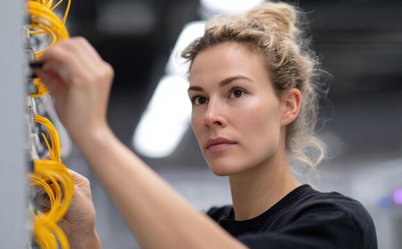 Serious young caucasian female technician fixing yellow network cable in server room with focused expression while repairing connection in large datacenter facility maintenance - Powered by Adobe