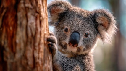 Koala Bear Peeking from Tree Trunk, Australian Wildlife, Portrait