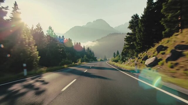 A cinematic dash-cam style shot driving along a winding mountain road