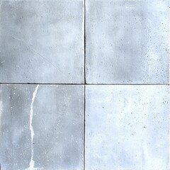Naklejka premium Close-up of four square concrete tiles arranged together, forming an abstract background with neutral gray tones. The tiles have a textured surface with imperfe