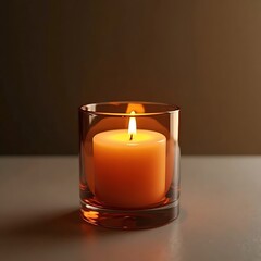 Warm Orange Candle Glowing in Glass Holder Against Dark Background