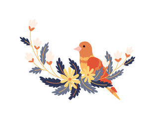 Round flower bird frame, vintage wreath with blossom. Folk art, ornamental frame with floral composition. Bright illustration, can be used as creating or invitation card