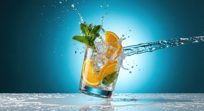 Refreshing glass of cold water with orange slices, mint leaves, and ice cubes creating a dynamic splash on a wet surface against a vibrant blue gradient background