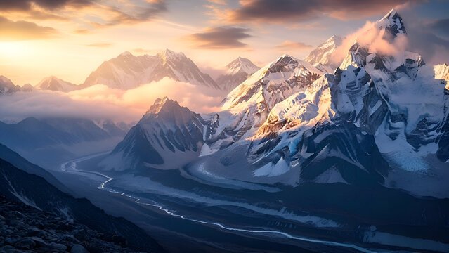 Kailash Parvat Majestic Himalayan Mountain Range Illuminated by Golden Sunrise Light with Snow Peaks and Deep Valleys Creating a Sacred Scenic Landscape Symbolizing Divine Beauty Peace Serenity Spirit